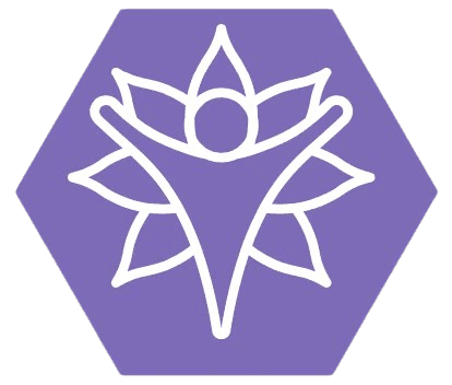 Purple hexagon with a white abstract figure of a person surrounded by petal-like shapes.