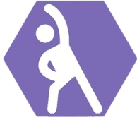 Icon of a person performing a side stretch, set within a purple hexagon.