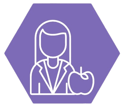 Purple hexagon icon featuring a line drawing of a person in a blazer holding an apple.