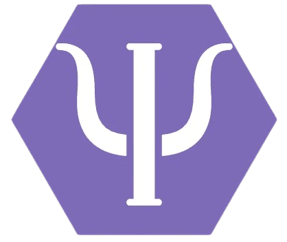 Purple hexagonal icon featuring a white Psi symbol in the center, representing psychology.