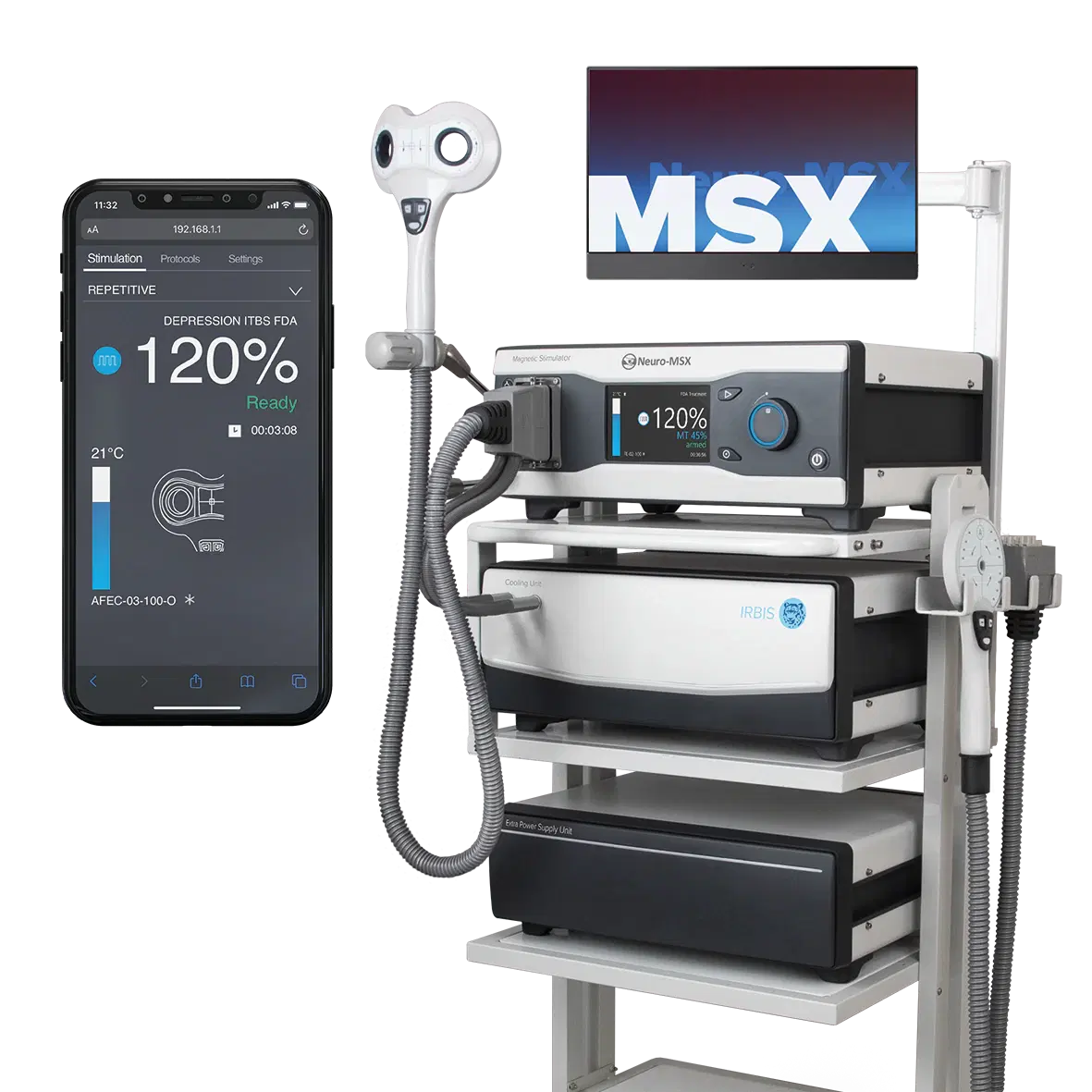 Transcranial magnetic stimulation equipment with treatment coil and control screen